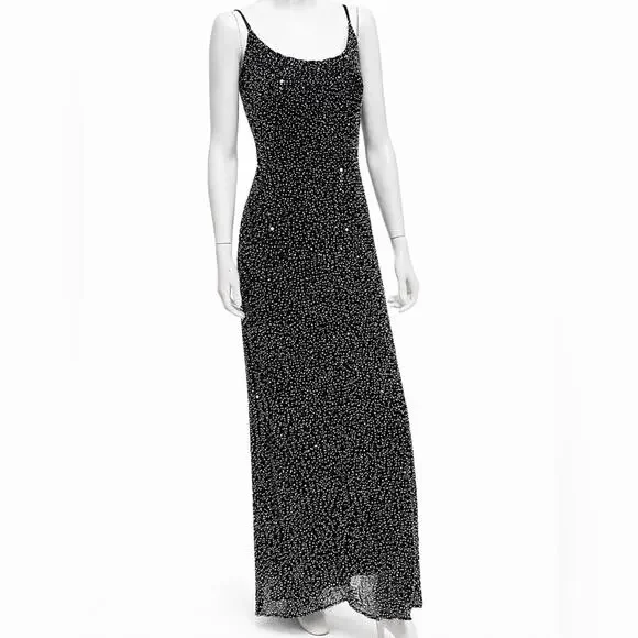 ✨Vintage Papell Boutique Silk Black Beaded Formal Maxi Dress Spaghetti Strap - Picture 3 of 7